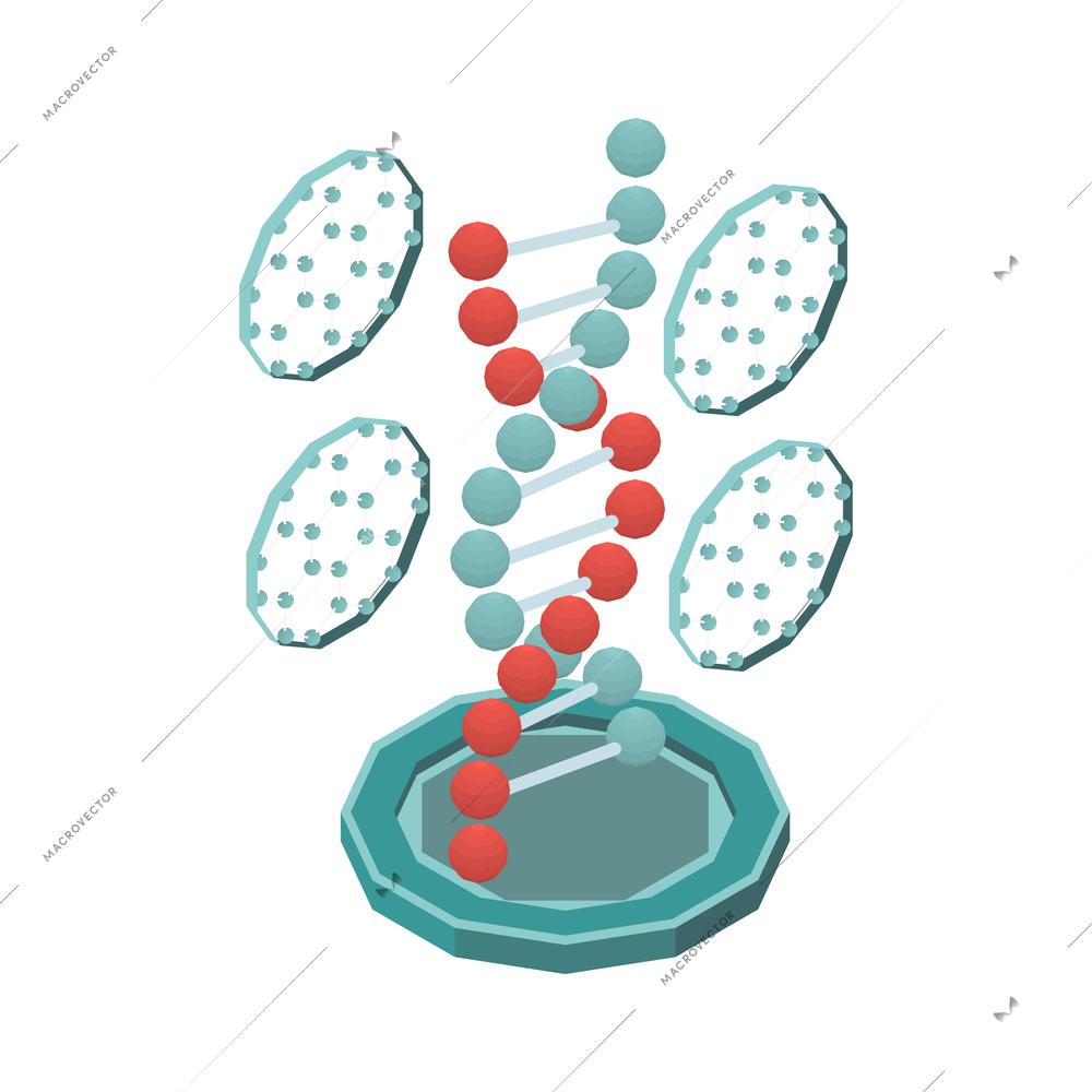 Nanotechnology isometric composition with isolated image of dna model with circle molecular models vector illustration