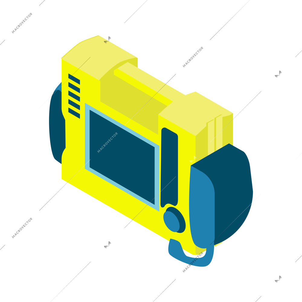 Isometric ambulance car first aid composition with isolated medical appliance with handles screen and button vector illustration