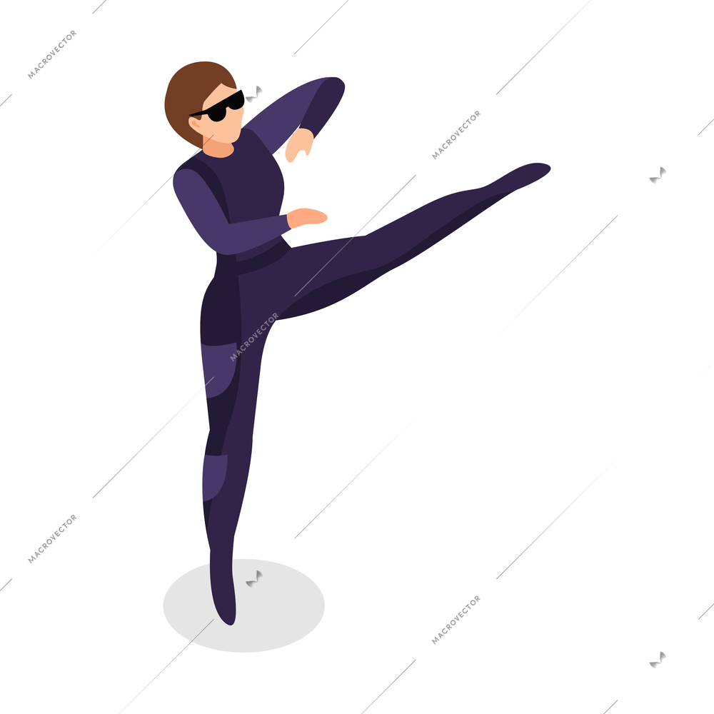 Special agent spy isometric composition with isolated human character of woman practicing leg punch vector illustration