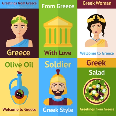 Greece mini poster set isolated with woman olive oil soldier salad vector illustration