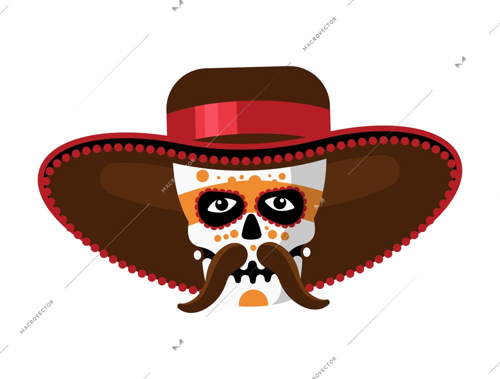 Day of dead as mexican ethnic holiday cartoon composition with painted human skull in traditional hat vector illustration