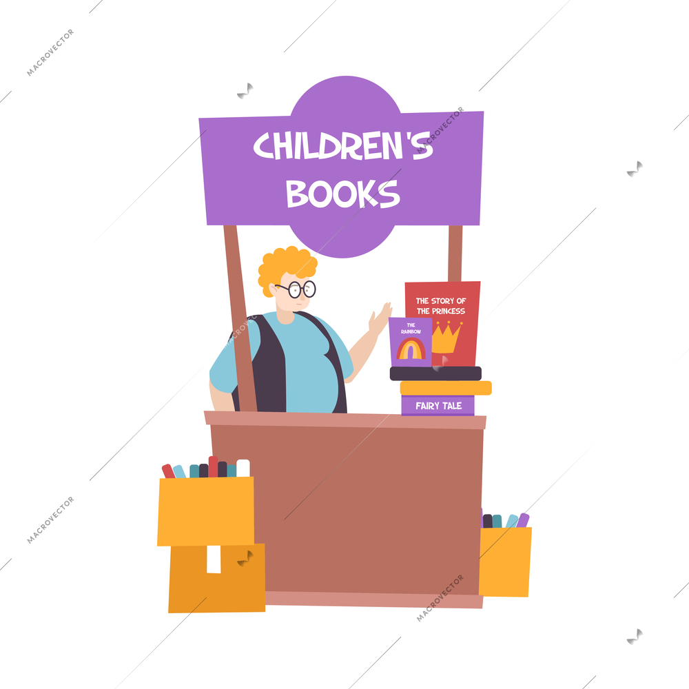 Book people composition with isolated image of stall with woman selling books for kids vector illustration