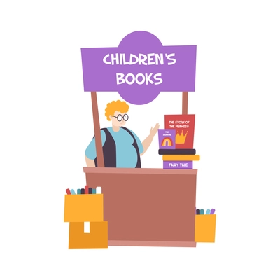 Book people composition with isolated image of stall with woman selling books for kids vector illustration