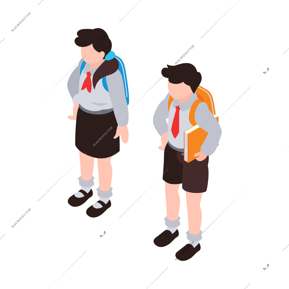 Isometric planetarium composition with isolated human characters of children in uniform with backpacks vector illustration