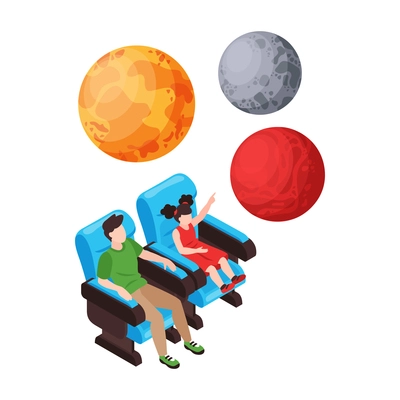 Isometric planetarium composition with isolated images of colorful planets and characters of kids on auditorium seats vector illustration