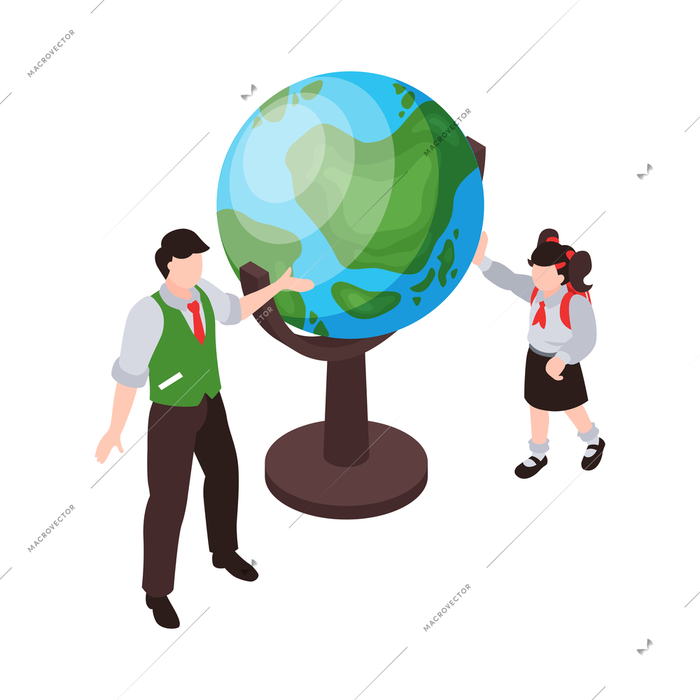 Isometric planetarium composition with isolated image of earth globe and characters of schoolgirl and teacher vector illustration