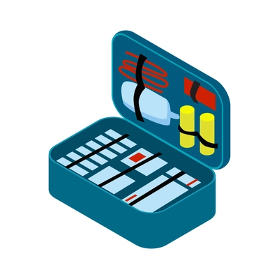 Isometric ambulance car first aid composition with isolated image of first aid box contents vector illustration