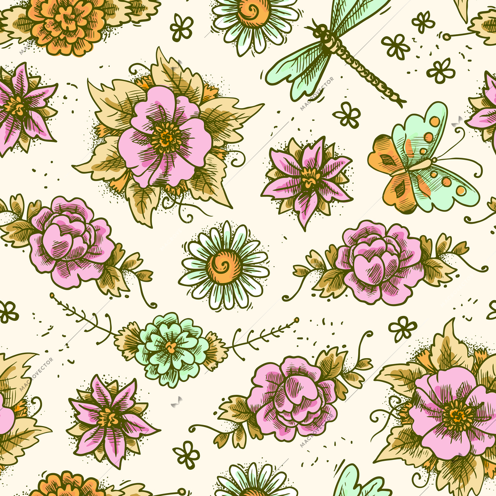Vintage retro floral decorative colored sketch seamless pattern with flowers and butterflies vector illustration
