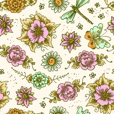 Vintage retro floral decorative colored sketch seamless pattern with flowers and butterflies vector illustration