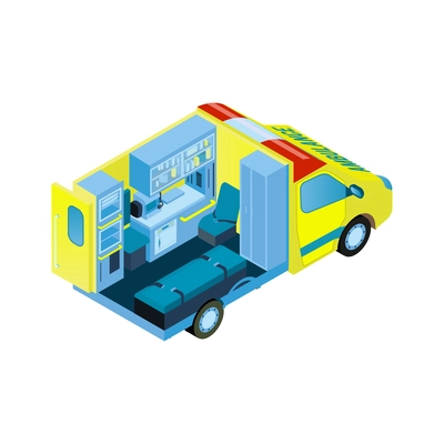 Isometric ambulance car first aid composition with profile view of ambulance van with medical apparatus vector illustration