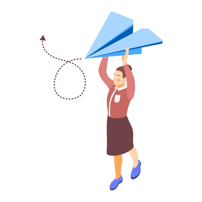 Brand building isometric composition with female character of brand manager holding paper plane vector illustration