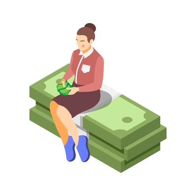 Brand building isometric composition with female character of brand manager sitting on stack of cash vector illustration