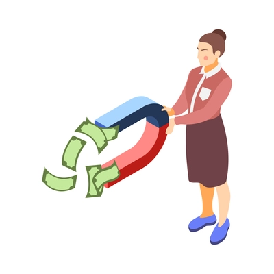Brand building isometric composition with female character holding magnet with flying banknotes vector illustration