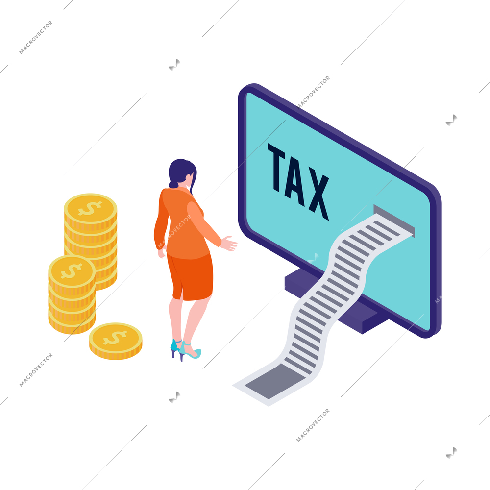 Isometric accounting financial audit composition with computer and tax reel with stacks of coins and female character vector illustration