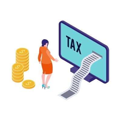 Isometric accounting financial audit composition with computer and tax reel with stacks of coins and female character vector illustration