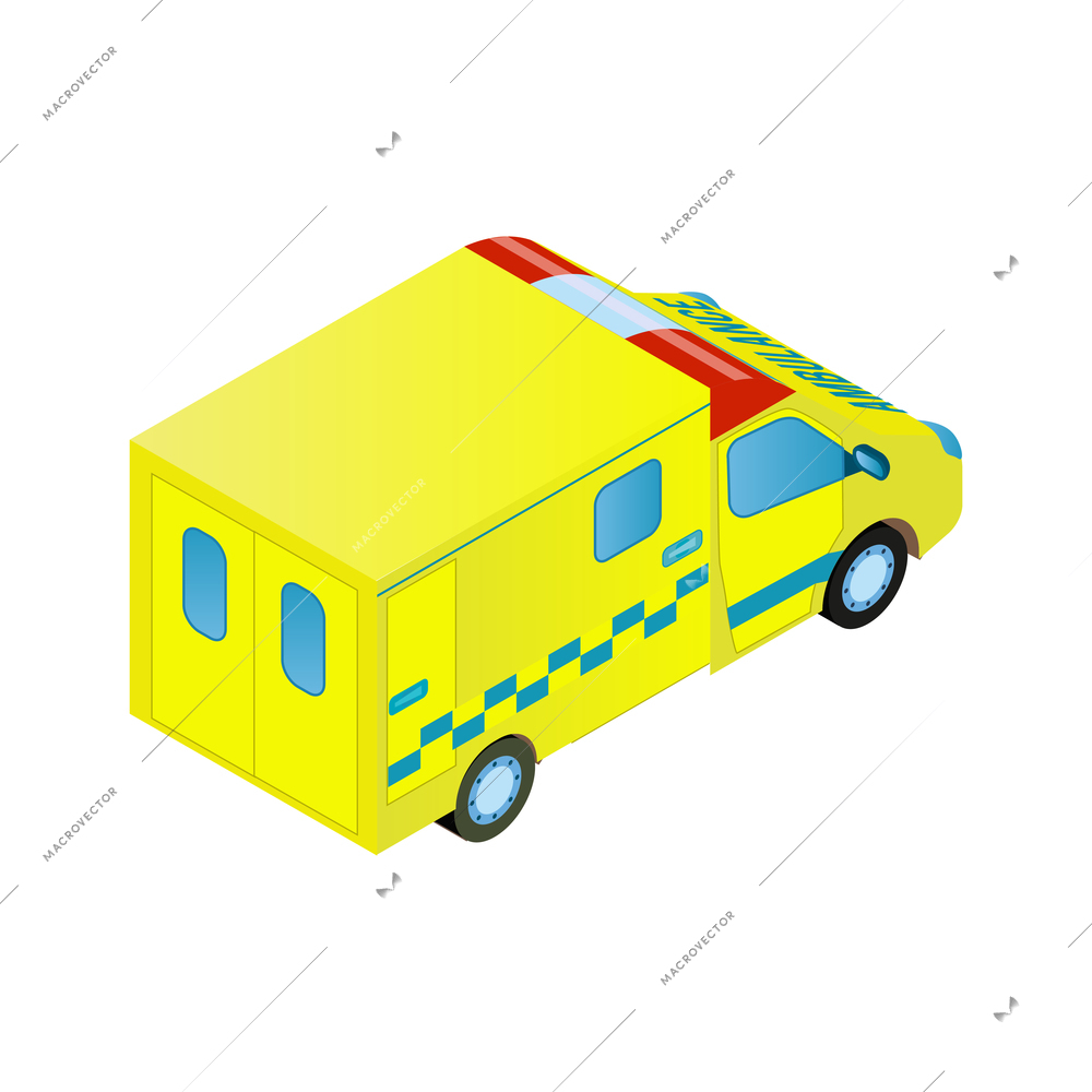 Isometric ambulance car first aid composition with isolated image of ambulance van vector illustration