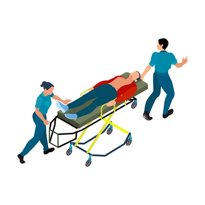 Isometric ambulance car first aid composition with isolated characters of doctors carrying crash cart with victim vector illustration