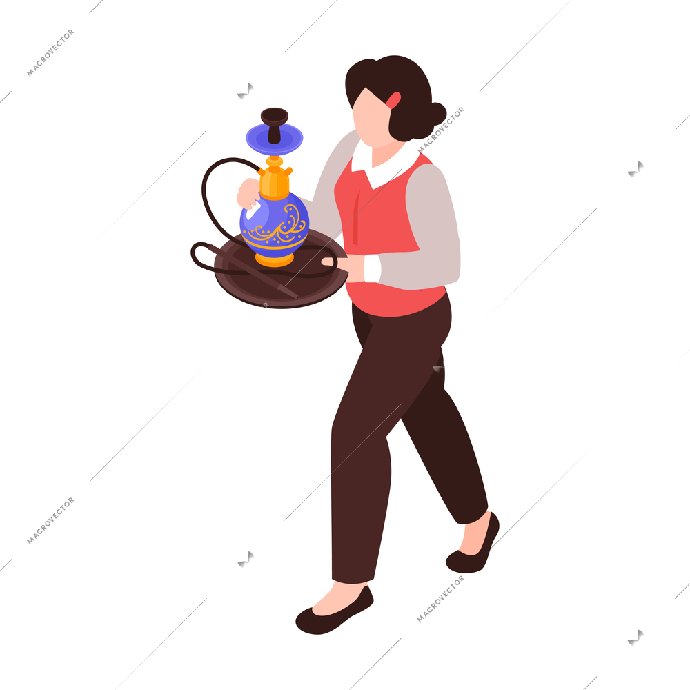 Isometric hookah tobacco smoke composition with isolated image of female hookah master holding tray with hookah vector illustration