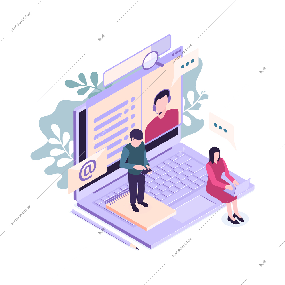 Isometric customer support faq composition with human characters of users and laptop computer vector illustration