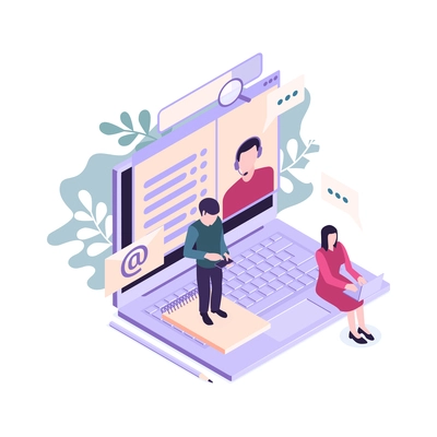 Isometric customer support faq composition with human characters of users and laptop computer vector illustration