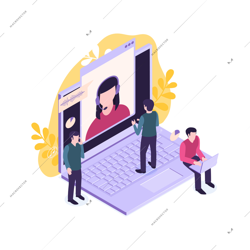 Isometric customer support faq composition with human characters talking to tech agent in laptop vector illustration