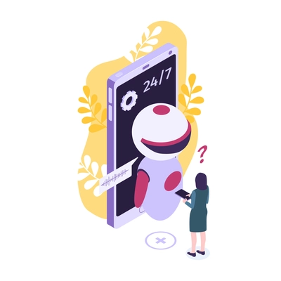 Isometric customer support faq composition with human character and tech agent robot with smartphone vector illustration