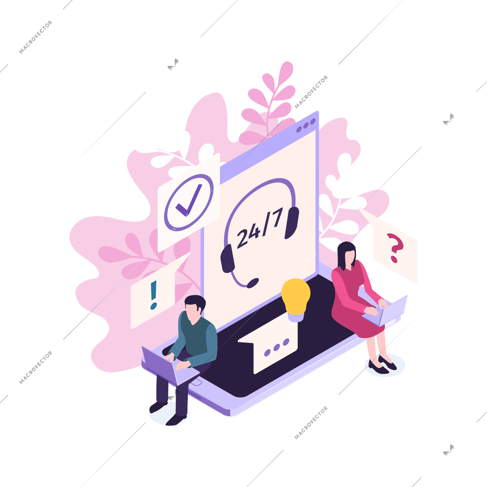 Isometric customer support faq composition with human characters images of smartphone and headset vector illustration
