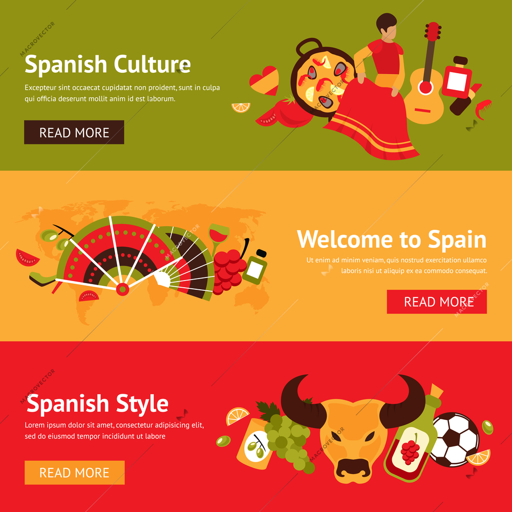 Spain banner set with spanish culture style isolated vector illustration
