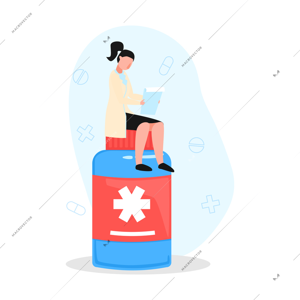 Online doctor medicine composition with character of female doctor sitting on top of pills pack vector illustration