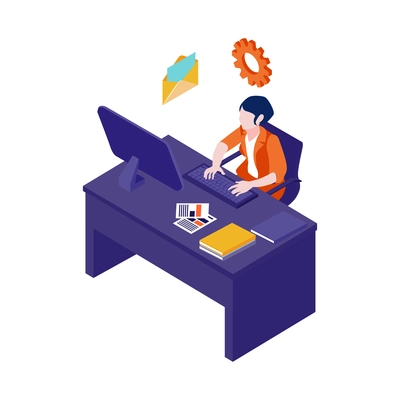 Isometric accounting financial audit composition with character of female accountant working at computer table vector illustration