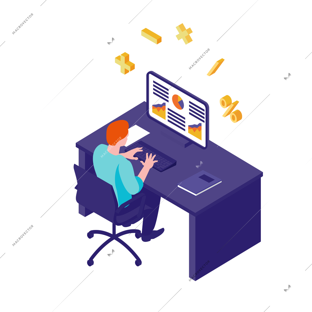 Isometric accounting financial audit composition with male employee character working at computer table vector illustration