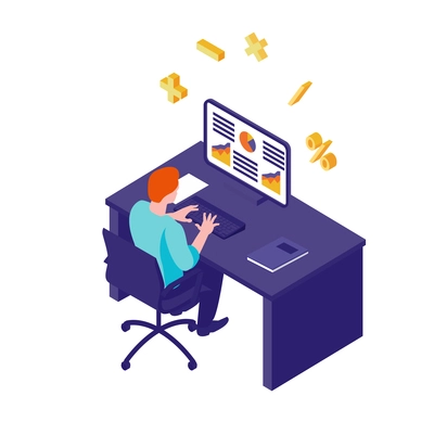 Isometric accounting financial audit composition with male employee character working at computer table vector illustration