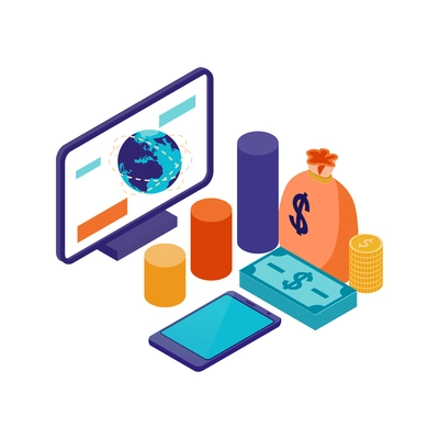 Isometric accounting financial audit composition with isolated image of money with infographic bars and computer vector illustration