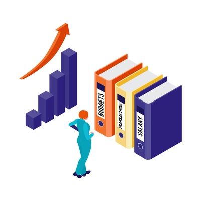 Isometric accounting financial audit composition with human character row of folders and bar chart with arrow vector illustration