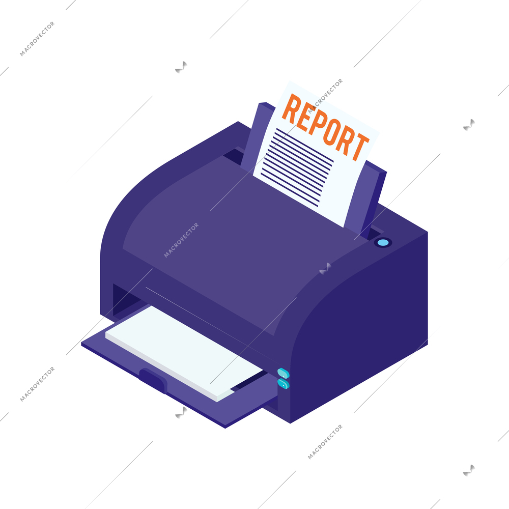 Isometric accounting financial audit composition with isolated image of printer with paper report vector illustration