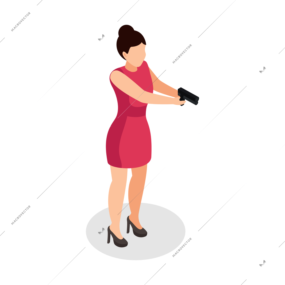 Special agent spy isometric composition with isolated female character aiming her gun vector illustration