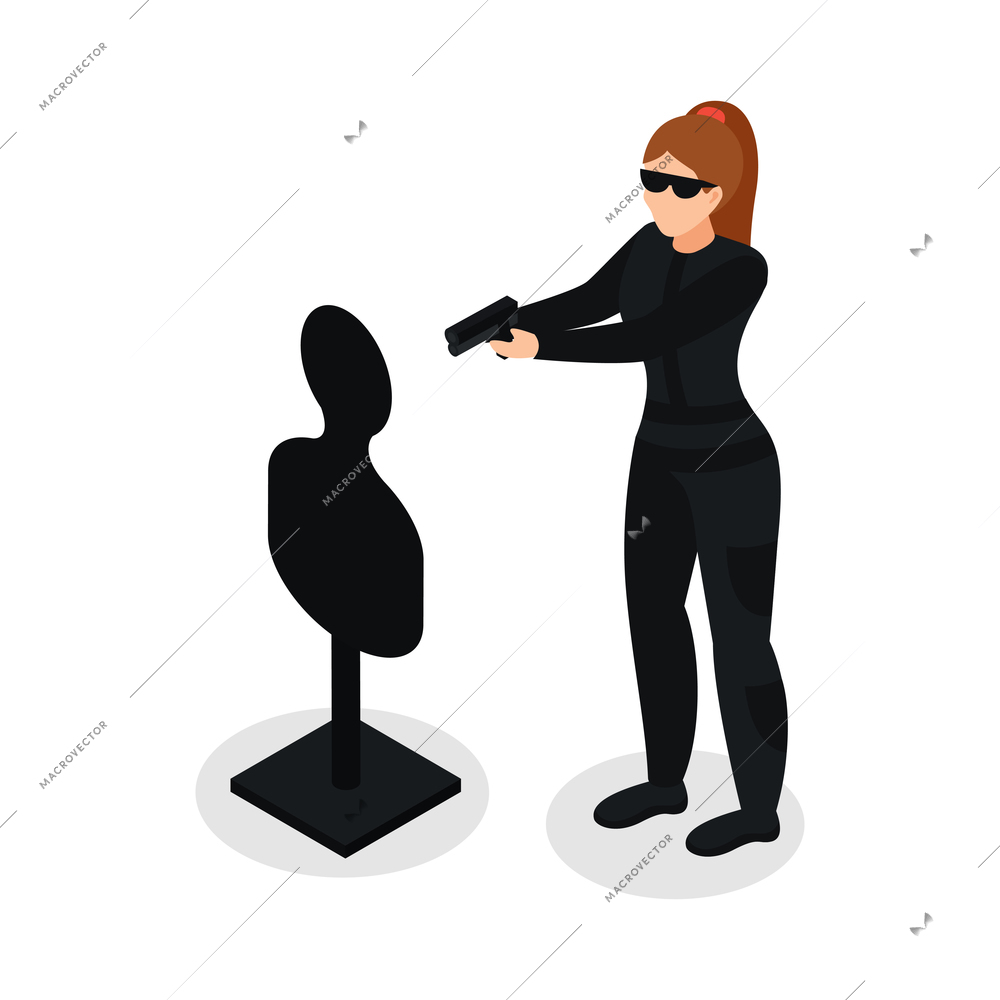 Special agent spy isometric composition with isolated human character of female agent with gun and dummy target vector illustration