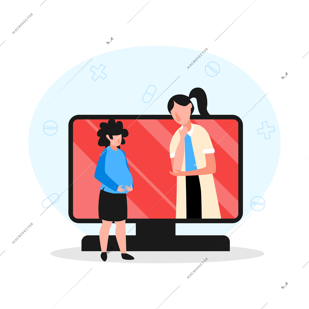 Online doctor medicine composition with character of female doctor in computer screen and pregnant patient vector illustration