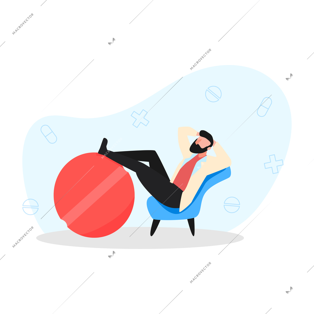 Online doctor medicine composition with character of male doctor in lounge chair with big ball vector illustration