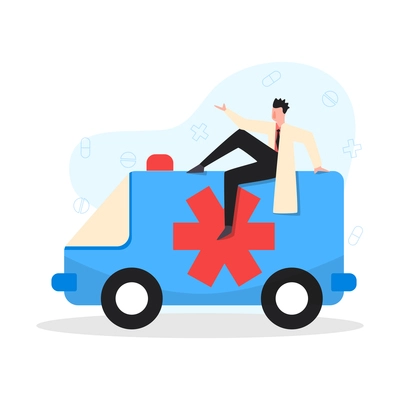 Online doctor medicine composition with character of male doctor sitting on top of ambulance van vector illustration