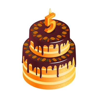 Birthday cake composition with isolated image of sweet cake for anniversary with cream toppings and digit shaped candle isometric vector illustration