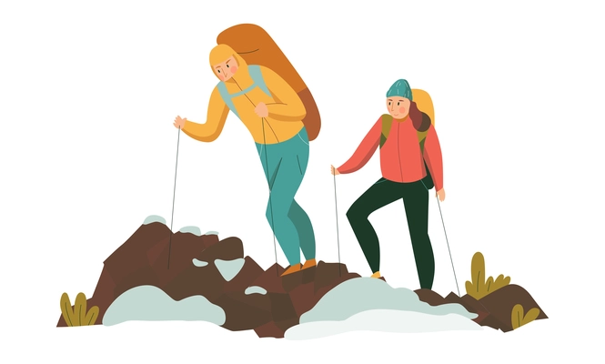 Mountain climbing trekking hiking flat composition with group of walking hikers vector illustration
