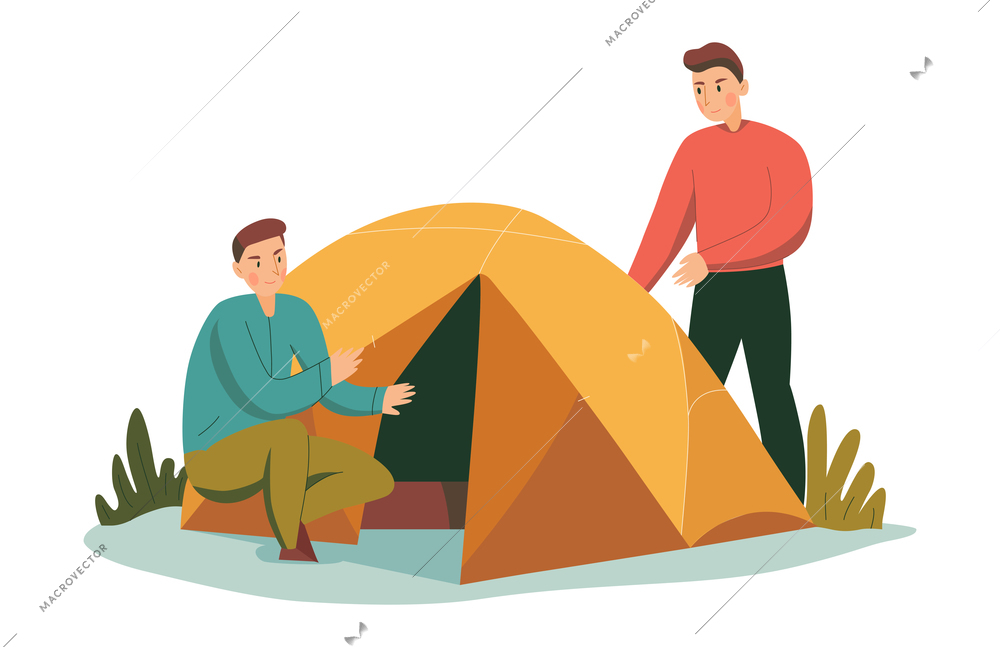 Mountain climbing trekking hiking flat composition with male characters pitching tent vector illustration