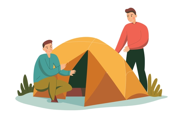 Mountain climbing trekking hiking flat composition with male characters pitching tent vector illustration