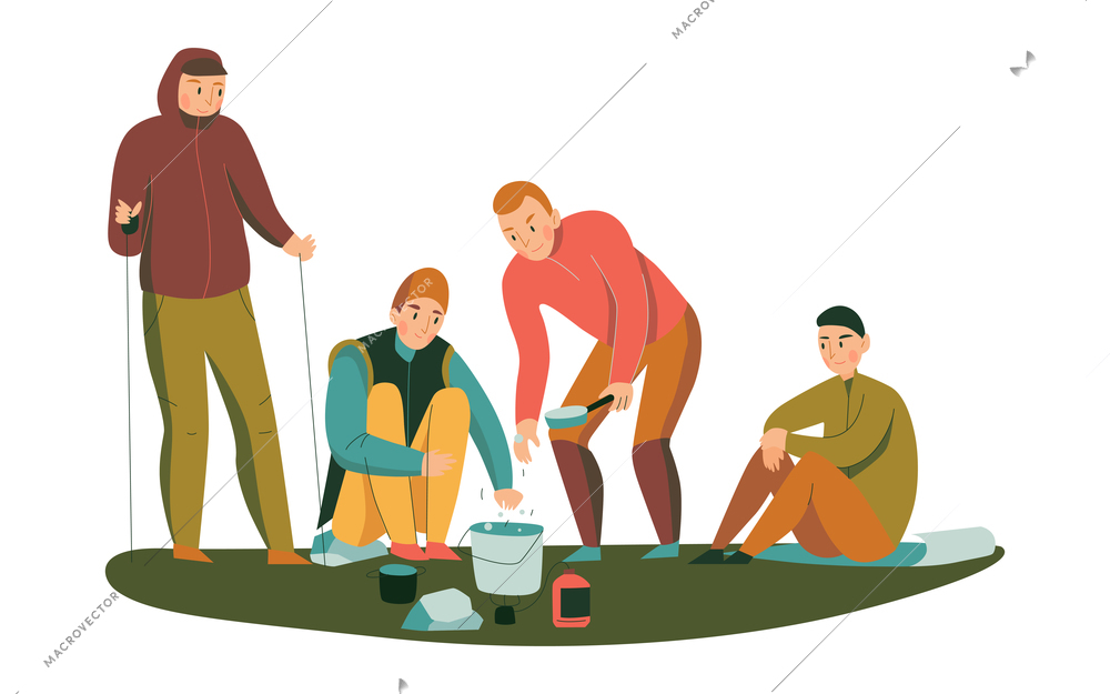 Mountain climbing trekking hiking flat composition with group of hikers cooking food vector illustration