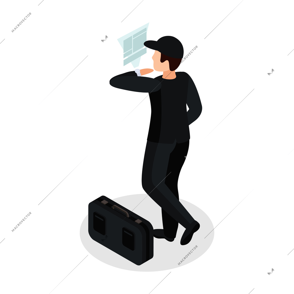 Special agent spy isometric composition with isolated character of man with suitcase checking smart watch vector illustration