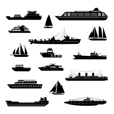 Ships and boats steamboat yacht and tanker freight industry decorative icons black and white set isolated vector illustration