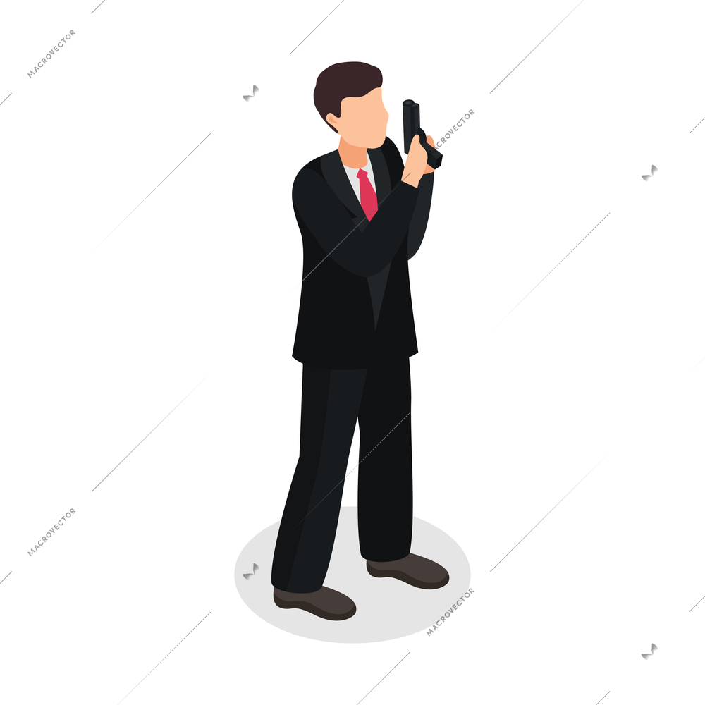 Special agent spy isometric composition with isolated human character in black costume holding pistol vector illustration