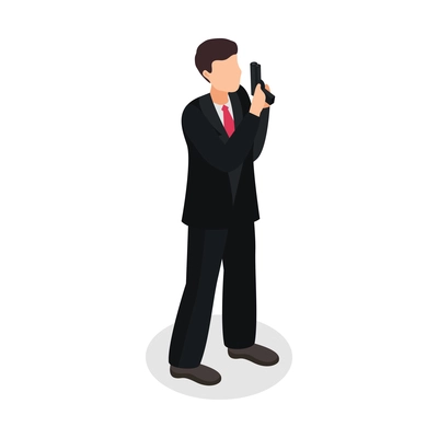 Special agent spy isometric composition with isolated human character in black costume holding pistol vector illustration