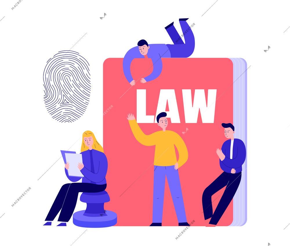 Lawyer justice law composition with doodle characters of investigators with book and fingerprint vector illustration